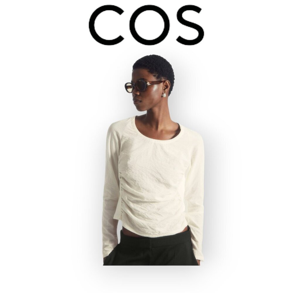 COS Silk-Blend Crisp Clean White Long Sleeve Scoop Top Size M Minimalist Luxury